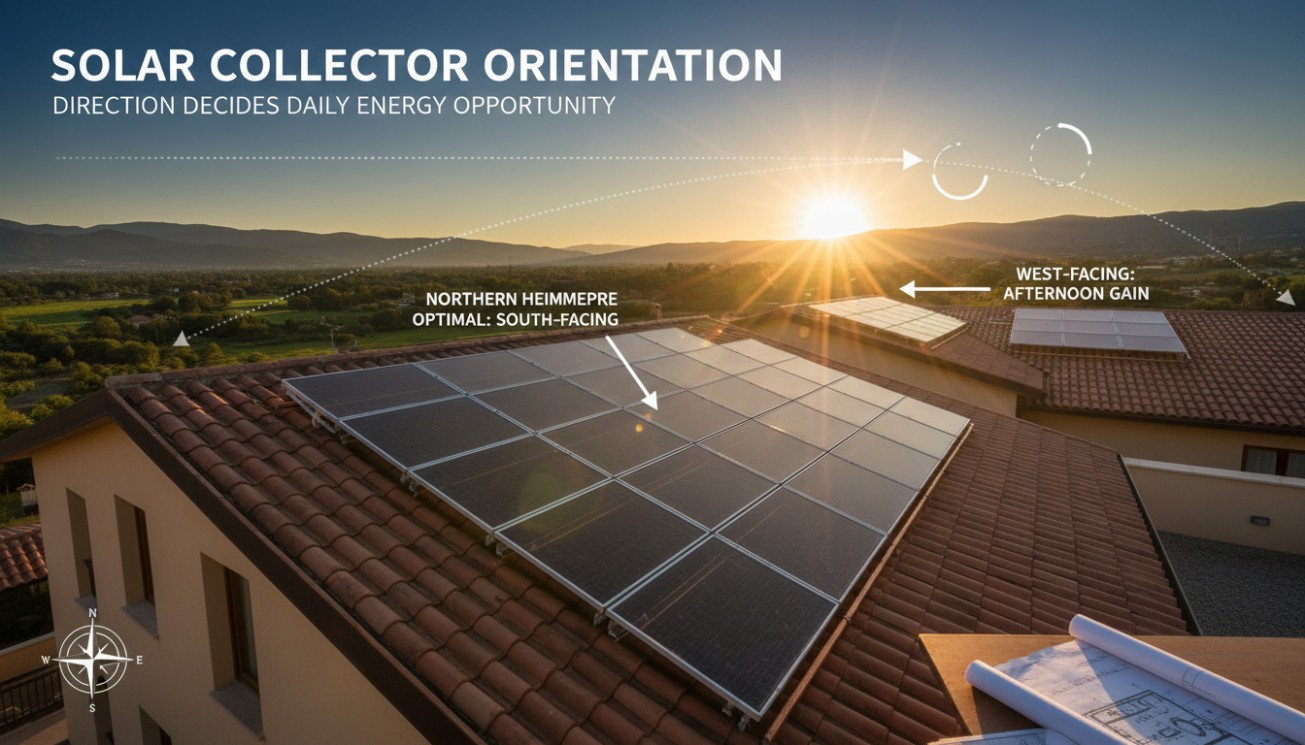 Solar collector orientation guide showing how roof direction, south-facing layout, and west-facing afternoon gain affect daily solar thermal energy opportunity